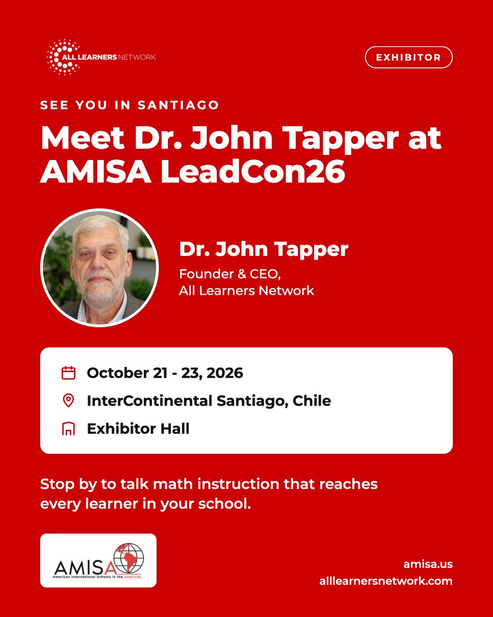 AllLearnersMath's tweet photo. Heading to #AMISALeadCon in Santiago, Oct 21 - 23? ✈️

Find Dr. John Tapper in the Exhibitor Hall for demos of All Learners Online and AI Math Coach, plus goodies and surprises. https://t.co/nrRDzLPJmx

#AMISALeadCon26 #EdConference #ALN #AllLearnersNetwork https://t.co/gXEQCUCzgv