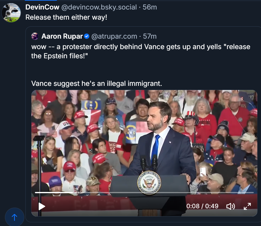 JamfreeHepsteen's tweet photo. Protester behind JD Vance at one of those #TraitorTrump suckoff fests (no - Melania and Mike Johnson are not at this one) gets up and yells RELEASE THE EPSTEIN FILES

Trump MAGA do not want them released https://t.co/2OVVPGAJg5