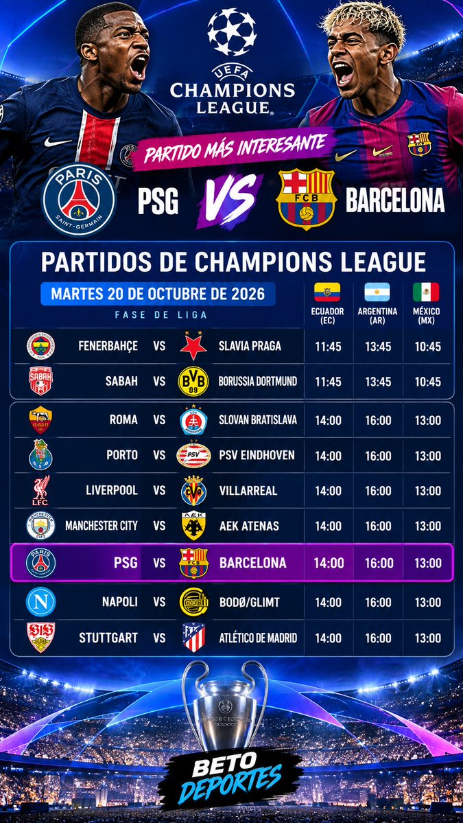 BetoDeportes7's tweet photo. 🏆⚽ ¡SE VIENE UNA JORNADA ESPECTACULAR DE CHAMPIONS LEAGUE! 🔥

Este martes 20 de octubre, la UEFA Champions League regresa con 9 emocionantes encuentros. 🌟

#ChampionsLeague #UCL #PSG #FCBarcelona #Liverpool #ManchesterCity #AtleticoDeMadrid #FutbolEuropeo #BetoDeportes https://t.co/9v3EaUs0PG