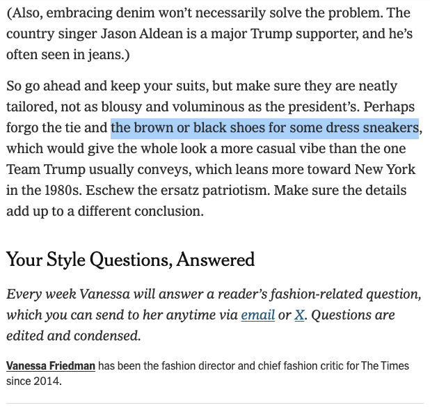 averyfjames's tweet photo. NYT style is recommending tie-less suits with dress sneakers to disown the cons. Bleak. https://t.co/4yiZhTOk85