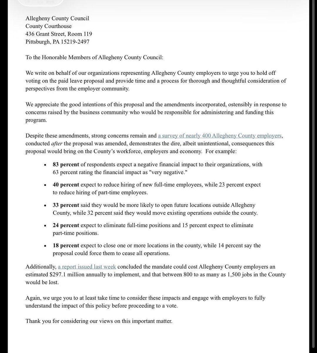 colin_dunlap's tweet photo. Wow. 
The Pennsylvania Chamber of Business and Industry — along with other organizations — just issued this blistering letter about the Allegheny County mandated parental leave policy.
The numbers are stunning. https://t.co/a1ZMrhbjwr