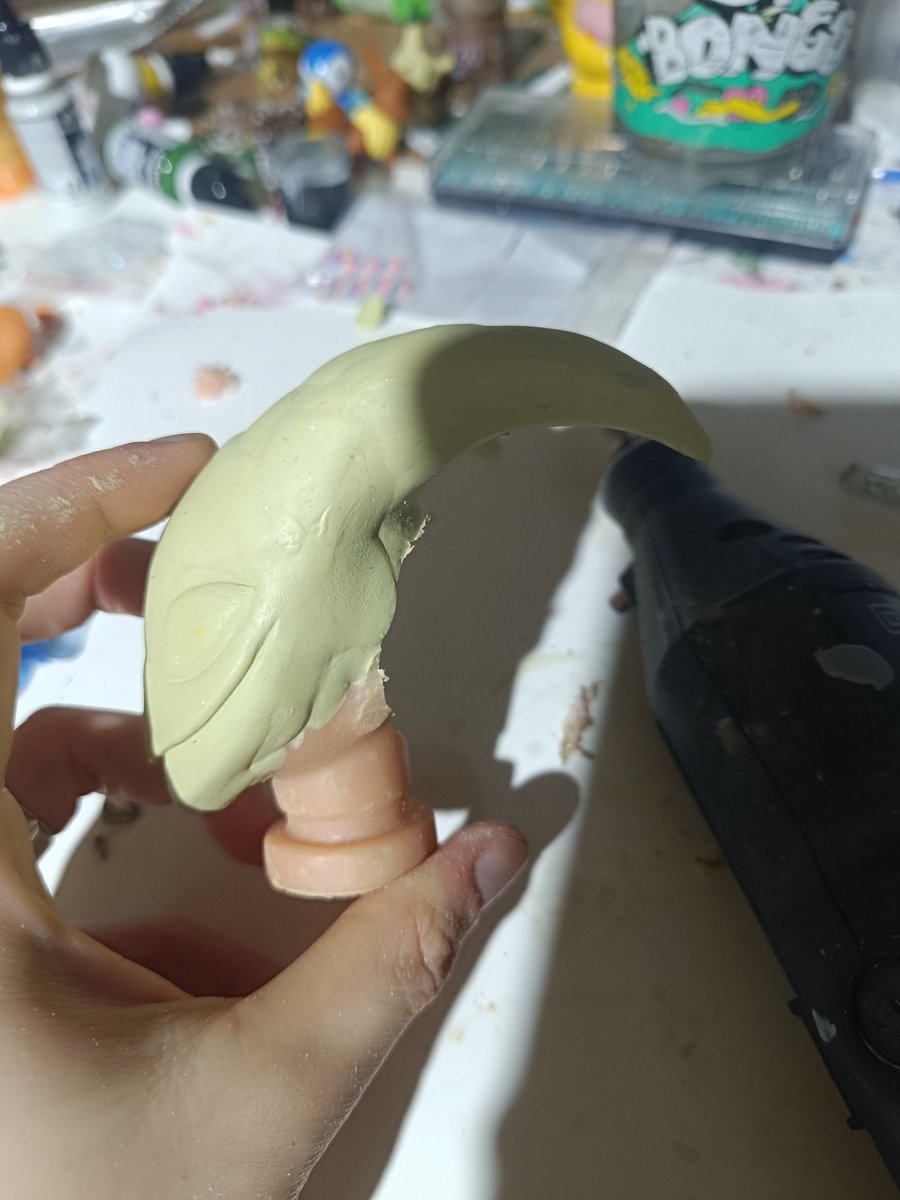 hellishbirb's tweet photo. //[Part 2] Make the other horn and keep sculpting the face. I also drilled into the back of his head, filled it with foil, and added more Milliput.

Blitzo has such a weird *Invader Zim*-style head, and this is my first time trying to replicate it.  Let's just hope I can. ✊ https://t.co/M2STG9lVNa
