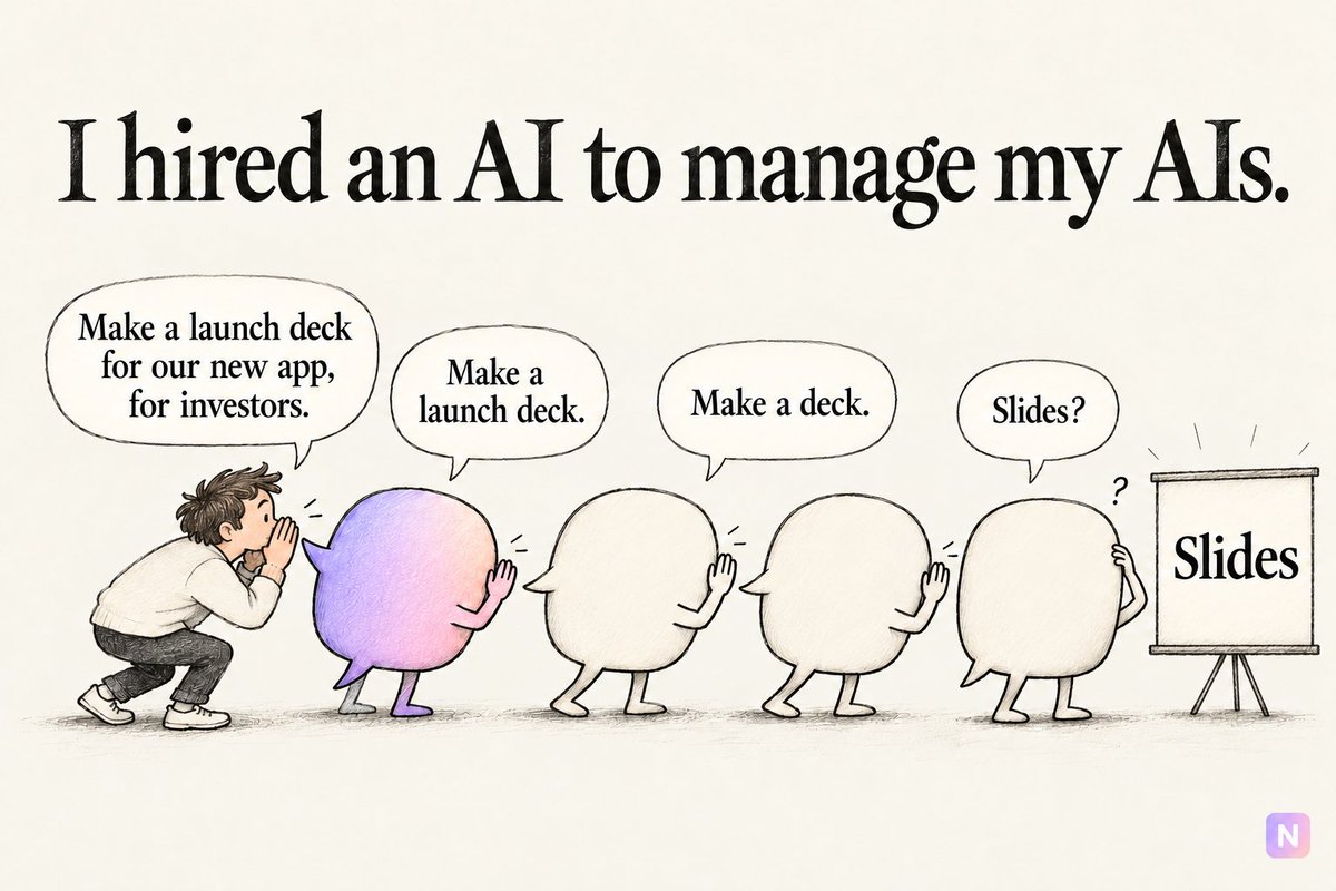 nkhanna24's tweet photo. I built an AI agent to manage my other agents. For simple tasks, it made things worse.

The pitch is appealing: talk to one agent, and it manages the rest. Grok’s “Chief of Staff” bots point the same way. Today, using several AI tools makes you the project manager: explaining the task, carrying information between tools, checking the result.

A general purpose bot doing tasks for you is different from a 'coordinating' agent delegating to other specialist agents. Delegation brings a new problem: CONTEXT LOSS. Every handoff is a summary of your request, and a summary is never quite the request.

At https://t.co/LPki0FJ9i6, I built one. A coordinating agent, Niki, briefs specialist agents for slides, forms and design. Then I measured it.

For a single deck, it lost. Going through Niki was slower and cost more, and the copy came out weaker than asking the Slides agent directly. It’s why, for real work, I still go straight to specialists like Codex and Claude.

For work with several parts, it performed better. A campaign needs a deck, a form and a poster that all say the same thing. That’s when coordination is the job.

And its best job was checking. The Slides agent finished a slide and approved its own work. Niki compared it to my request, saw the requested copy was missing, and sent it back.

What I’d take from it:
• Single task? Go straight to the specialist.
• Several parts that must agree? Use a manager that holds your context well.
• Judge the manager by how well it checks the whole result, not just by how much it delegates.

The future may be one agent you talk to. But behind it, specialists will still do the work, and someone has to own the outcome.

What would you hand to an AI manager and what would you always want brought back to you...

#AIAgents #FutureOfWork #ProductManagement