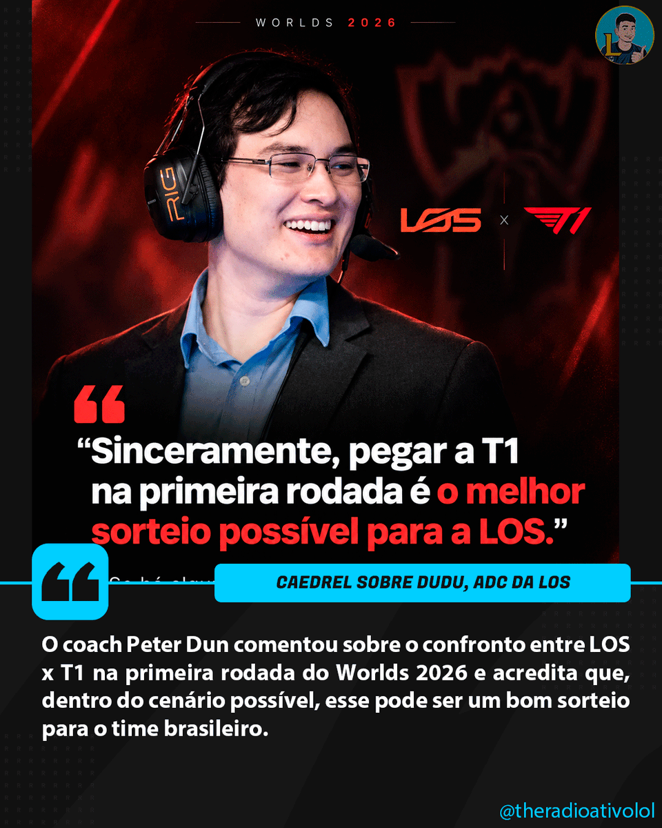 RadioativoLOL's tweet photo. 🚨 PETER DUN: PEGAR A T1 NA ESTREIA PODE SER BOM PARA A LOS

O coach Peter Dun comentou sobre o confronto entre LOS x T1 na primeira rodada do Worlds 2026 e acredita que, dentro do cenário possível, esse pode ser um bom sorteio para o time brasileiro.

🗣️ “Sinceramente, pegar a T1 na primeira rodada é o melhor sorteio possível para a LOS.”

Segundo ele, a principal vantagem está no formato MD1, onde existe mais espaço para surpresa, principalmente no começo do torneio, quando os times ainda estão se adaptando ao meta.

Peter Dun também destacou que, entre as equipes coreanas, a T1 pode ser uma das mais suscetíveis a um tropeço nesse contexto inicial.

Agora fica a pergunta:

A LOS consegue surpreender a T1 logo na estreia? 👀🇧🇷