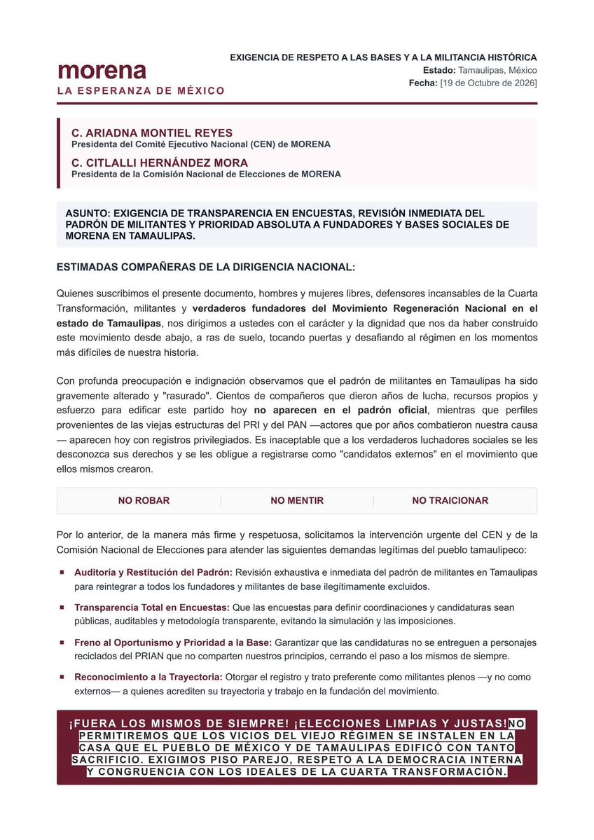 manuelbobrador1's tweet photo. Tamaulipas se levanta,contra poner los mismos del PRI y pan y mientras los fundadores los borran de un plumaso, así no cadeneros de morena 😡 https://t.co/KIS8DoRSSx
