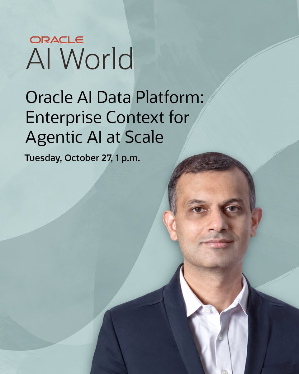 OracleAnalytics's tweet photo. What does it take to turn enterprise AI into real business impact? 
Join T.K. Anand at #AIWorld to discover how Oracle AI Data Platform connects trusted data with business context, empowering AI agents to go beyond insights and drive meaningful action across the enterprise.

Explore the session: https://t.co/QWhN4ao2cW