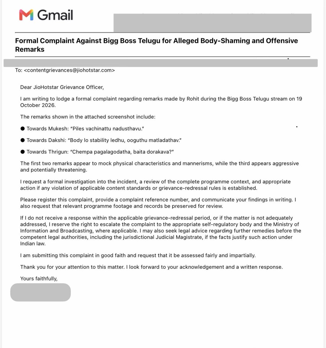 Spidyy_X's tweet photo. Body-shaming and threatening remarks have no place on national television. 
I’ve filed a formal complaint with JioHotstar regarding the Bigg Boss Telugu incident. 

Requesting a fair investigation and appropriate action. @JioHotstar @StarMaa @EndemolShineIND

#Biggbosstelugu10 https://t.co/yjqoT6S2Wt