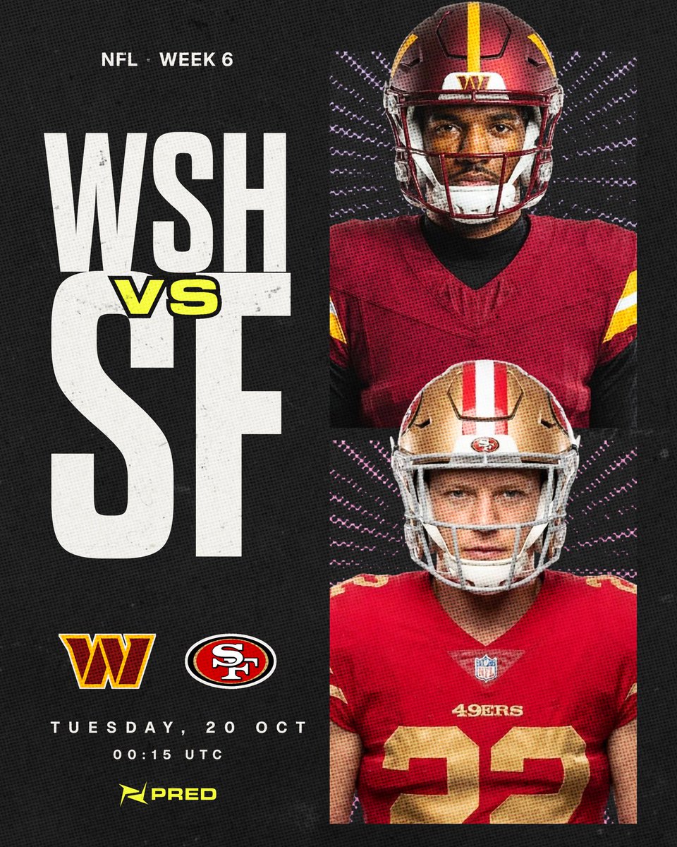 predofficial's tweet photo. NFL Match Of The Day 🏈 

Washington Commanders (78.8¢) vs San Francisco 49ers (21.2¢) - 00 : 15 UTC

49ers are 5–0. Commanders are leaking 29.8 points per game. Can Jayden Daniels keep pace with San Francisco’s high-powered offense?

// Few Facts To Consider Ahead Of The Game //

• San Francisco won both of the last two listed meetings — 27–10 in 2023 and 37–20 in 2022

• 49ers at home: They are 3–0 at home this season, averaging 31.7 points per game.

• Washington on the road: The Commanders are 0–2 away from home this season.

• McCaffrey has scored in four consecutive games.