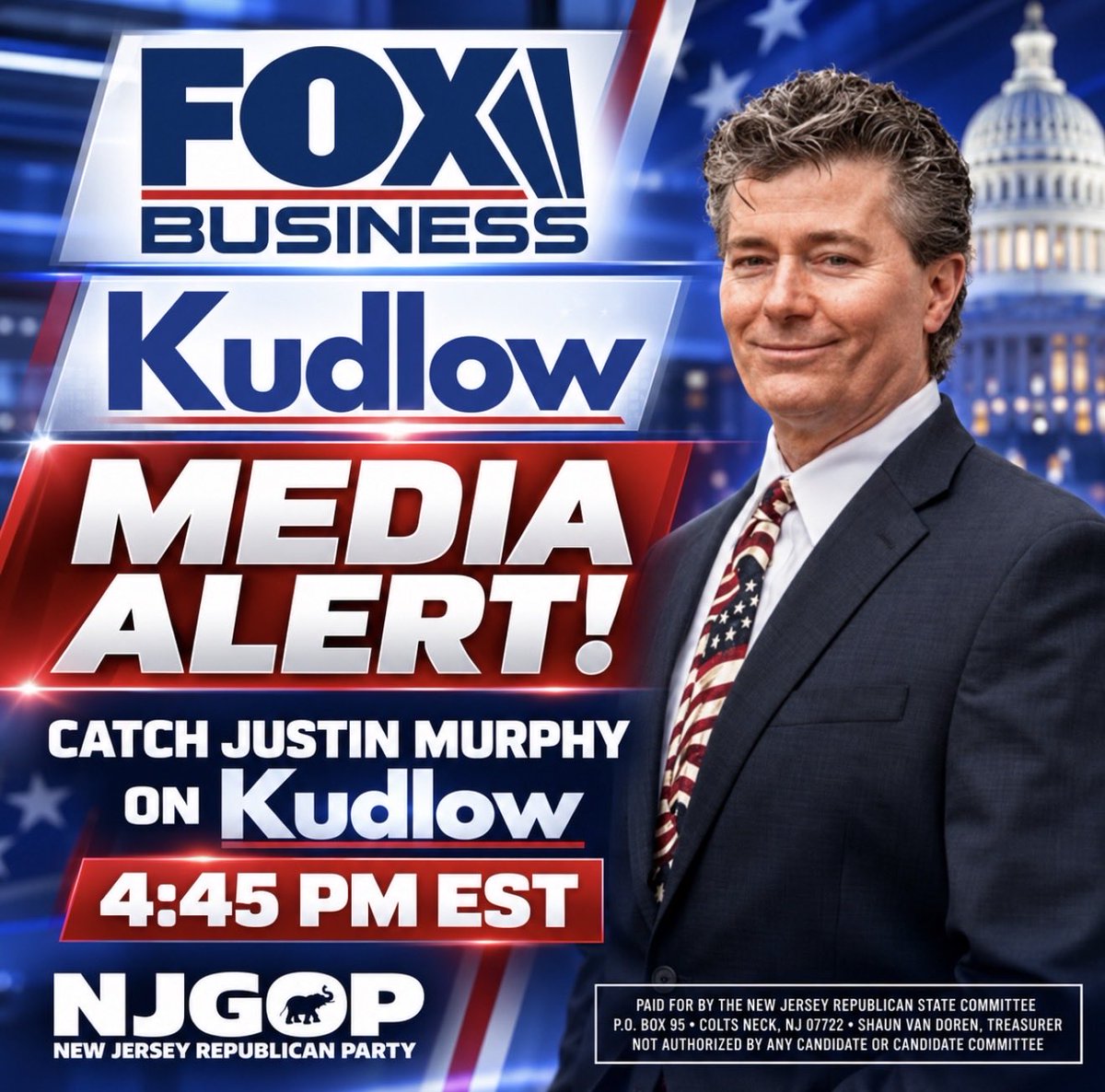 NJGOP's tweet photo. 🚨 MEDIA ALERT 🚨

Tune in to Kudlow on FOX Business at 4:45 PM EST to catch Justin Murphy discussing his campaign and his race against Cory Booker. https://t.co/ycjWhRO9no