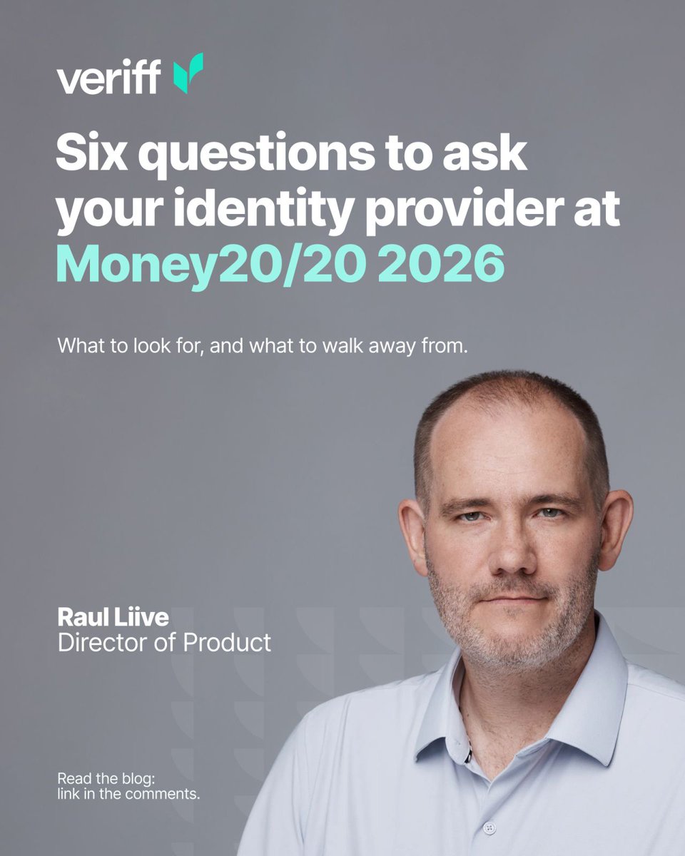 Veriff's tweet photo. Money20/20 is officially underway. Every booth will tell you how much fraud they catch.

Fewer will tell you how many good customers they turn away, or how long a decision takes.

Raul Liive, our Director of Product, shared six questions to ask any identity provider on the floor this week, including us. Each comes with a green flag and a red flag, so you know what a good answer sounds like.

Read them before your next booth conversation: https://t.co/NDR8JeSBQX

If you're in Las Vegas, stop by and ask our team these. We're at booth #9040, and we'd love to talk it through.