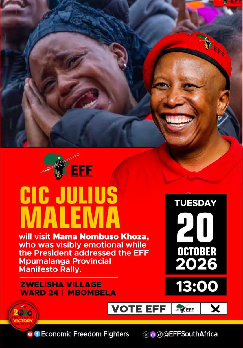 MpumalangaEff's tweet photo. President @Julius_S_Malema will visit Mama Nombuso Khoza tomorrow in Mpumalanga.

Mama Nombuso Khoza is one of the ground forces who braved the cold and rainy weather to come and listen to the President recommit us to the people of Mpumalanga and unpack the commitments of the EFF when elected into power on November 4. #VoteEFF2026 #VictoryOrDeath