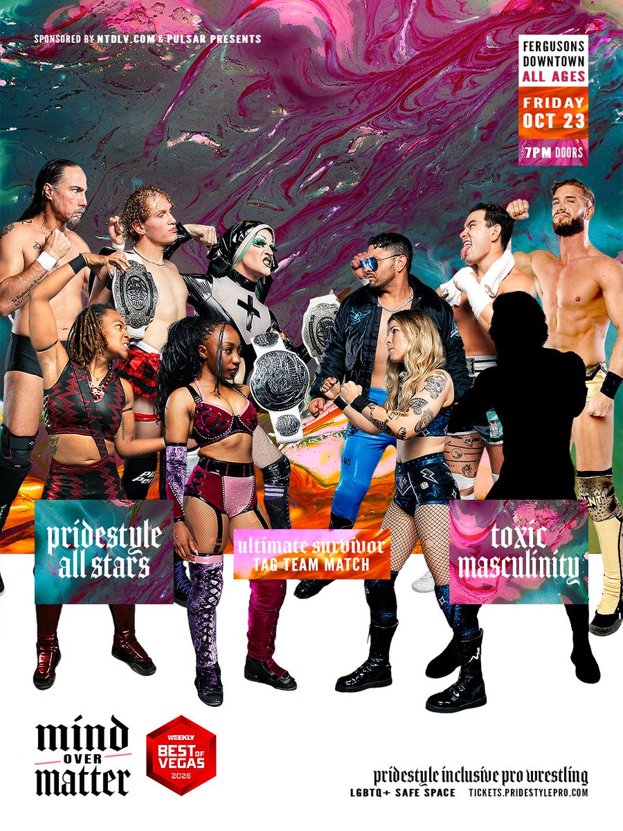 PrideStylePro's tweet photo. Ultimate Survivor Tag-Team Match
𝖕𝖗𝖎𝖉𝖊𝖘𝖙𝖞𝖑𝖊 𝖆𝖑𝖑 𝖘𝖙𝖆𝖗𝖘 
vs
𝖙𝖔𝖝𝖎𝖈 𝖒𝖆𝖘𝖈𝖚𝖑𝖎𝖓𝖎𝖙𝖞

Theres only two rules, no bigots &amp; bangers only

PrideStyle 𝖒𝖎𝖓𝖉 𝗼𝘃𝗲𝗿 𝖒𝖆𝖙𝖙𝖊𝖗
𝟳𝗣𝗠 𝗗𝗼𝗼𝗿𝘀 • 10/23
Fergusons Downtown ALL AGES
https://t.co/9sTcv7sNrK https://t.co/10y0ToZKw5
