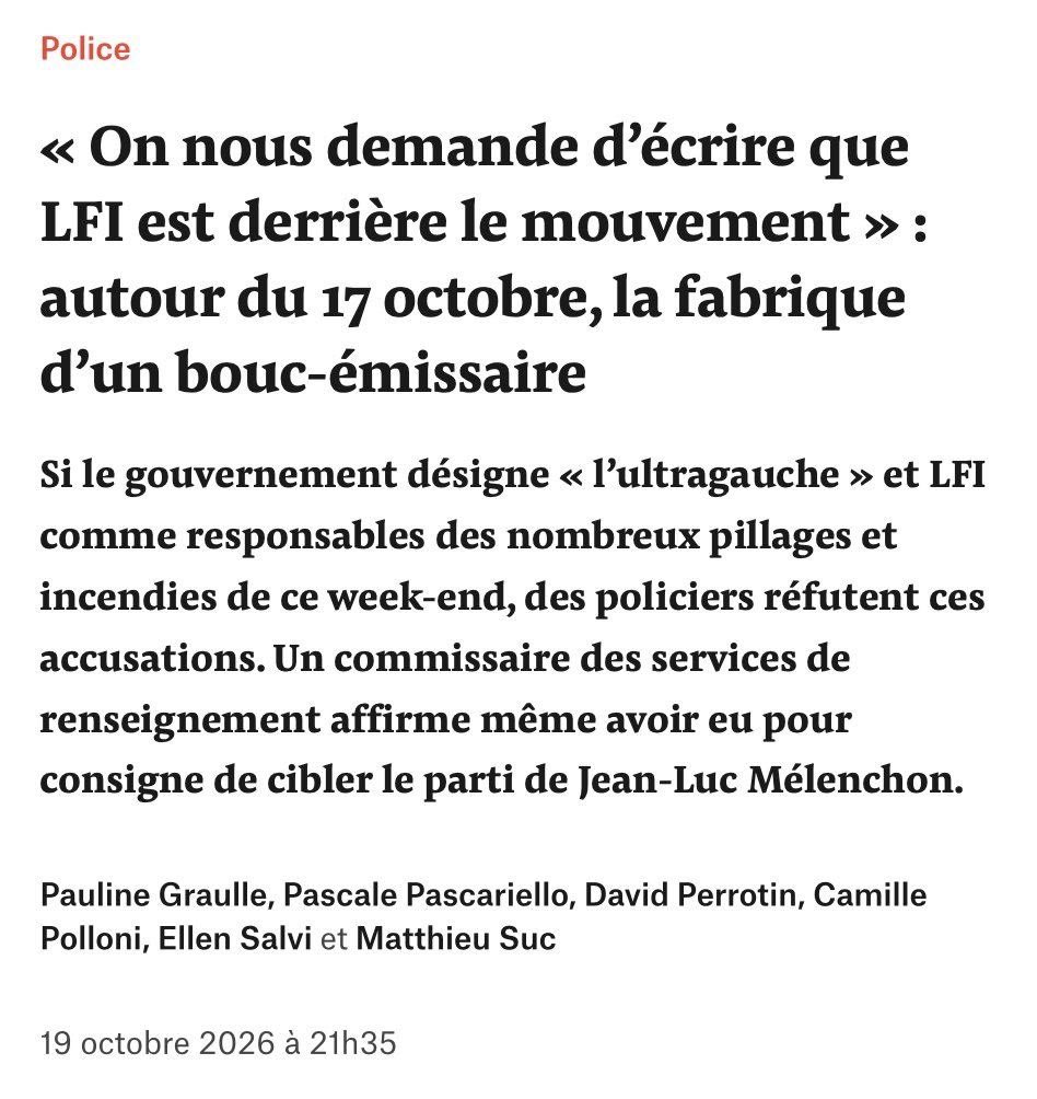smaelafnai's tweet photo. 🔴 Révélation @Mediapart.

Le gouvernement a demandé aux policiers de mentir et d’affirmer que LFI serait derrière le mouvement du 17 octobre !

Encore une fois, cela montre que nous sommes gouvernés par des menteurs incompétents.

Qu’ils s’en aillent tous ! https://t.co/LW6xanioaN