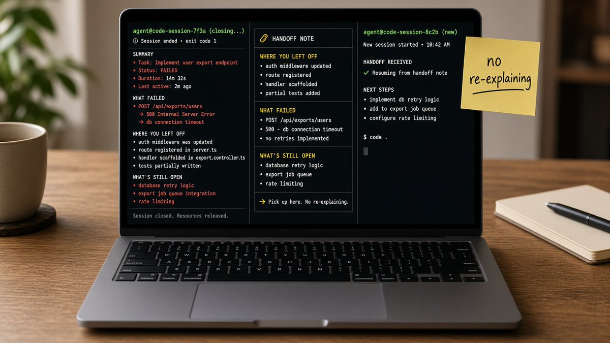 shawnAIOperator's tweet photo. Switching from Claude to Codex used to mean starting over.

this gives all your coding agents one shared memory.
quit Claude Code mid-task, open Codex in the same folder, and it picks up a handoff with where you left off, what failed and what's still open.
the memory is just plain markdown files you can open and edit yourself.

https://t.co/0Q30iZanqW

how often do you lose a whole session's context?