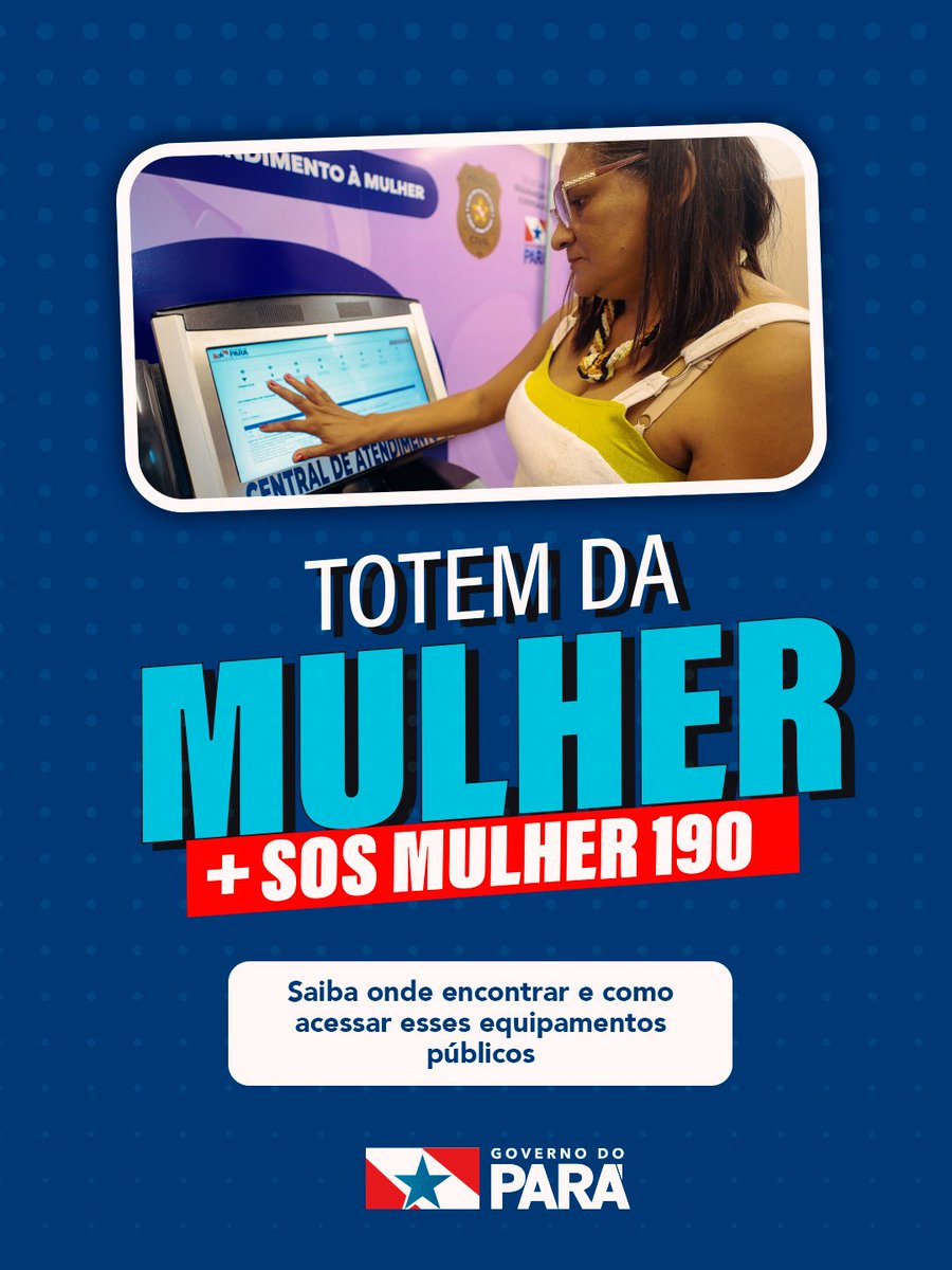 GovernoPara's tweet photo. Mais proteção e segurança para as mulheres paraenses!

O Governo do Pará disponibiliza o Totem da Mulher, uma tecnologia que oferece atendimento sigiloso para mulheres em situação de violência doméstica, permitindo registrar ocorrências, solicitar medidas protetivas e acessar o SOS Mulher.

👉 Arraste para o lado e saiba como funciona e onde encontrar esse serviço!