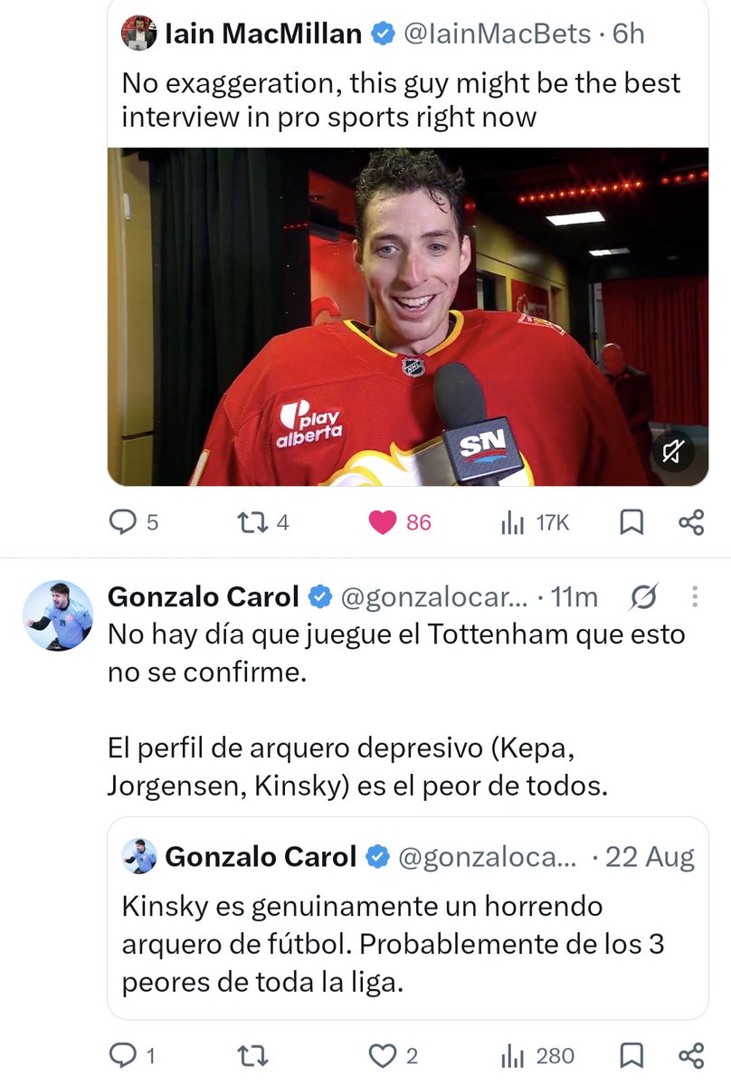 andershoffman's tweet photo. Arriba, el portero de los Calgary Flames de la NHL hablando sobre lo importante que es no pensar y estar en un estado casi de inconsciencia para ser mejor portero.

Abajo, Gonzalo Carol hablando del problema de los porteros aparentemente tristes que, en efecto, piensan demasiado. https://t.co/ZhuBjmWA3Z