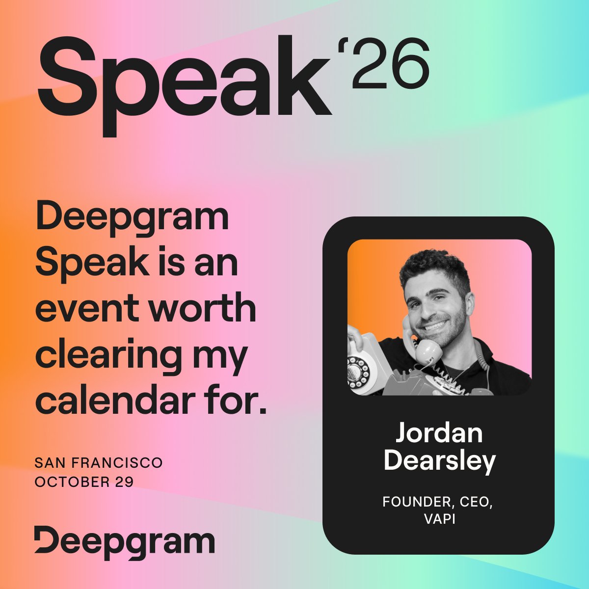 DeepgramAI's tweet photo. Building with voice AI? Clear your calendar for October 29. Speakers from @covaldev, @Vapi_AI, @Qualcomm, and @trydaily are coming to SF to talk agent deployment, context, and what’s next for voice AI. https://t.co/7QnzUxDmit https://t.co/f78B9ZdTRL