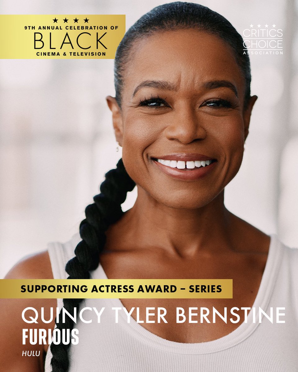 CriticsChoice's tweet photo. Congratulations to Quincy Tyler Bernstine! ✨ The Tony Award winner will receive the Supporting Actress Award – Series at the 9th Annual Critics Choice Celebration of Black Cinema & Television for her performance as Nora Washington in @Hulu’s thriller “Furious.”

In recognition of this honor, STARZ will bestow a special STARZ #TakeTheLead designation on Bernstine’s award, reflecting its ongoing commitment to amplifying narratives by, about and for women and underrepresented audiences. 

🏆 The 9th Annual Critics Choice Celebration of Black Cinema & Television takes place Monday, November 16, 2026, in Los Angeles! 

Follow @ccblackcinema for all the BTS.     #CriticsChoice #CelebrateBlackCinema #QuincyTylerBernstine #Furious #STARZ #TakeTheLead