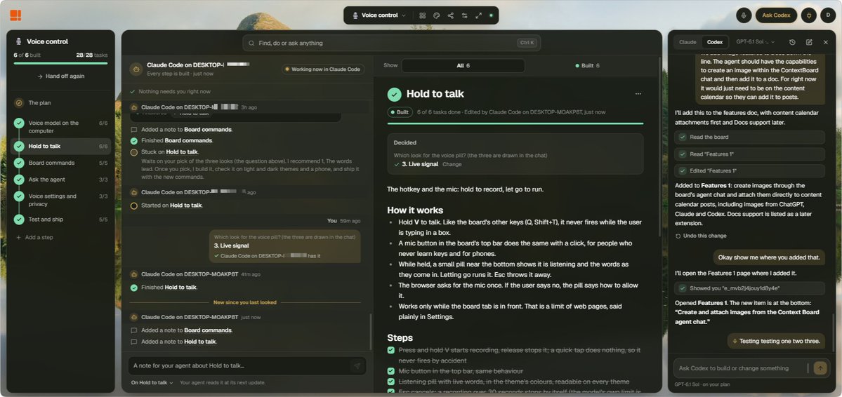 David_cbolt's tweet photo. I think we've settled.

Settled for the first way we were given to work with AI.

The chat interface.

Yes, it works. It's largely effective. But it has its flaws.

It's one-dimensional. Send a prompt, wait for a response, send a follow-up, and so on until you get what you wanted. Then the session ends.

Context is the biggest issue. So we all keep ever-growing project files to try and hold onto it.

If you worked with a person like this, it would be ridiculous. Nobody would have a clue what was going on.

So why settle?

I'm not. That's why I built Context Board.

I've been using it for the past week, and my daily workflow has changed more in that week than in the last year.

My agent can now:

- Pick up where we left off, because the plan lives on the board, not in a chat
- Build a custom dashboard that tracks the metrics that actually matter, live
- Map out an idea with me so we can both see it
- Move clients through a pipeline and keep every next step up to date
- Draft social posts and line them up on a content calendar
- Work through an in-depth to-do list and tick each task off, instead of one massive session

I may be biased, but I think this is the future of agentic workflows. 

https://t.co/v30V8JtnIx