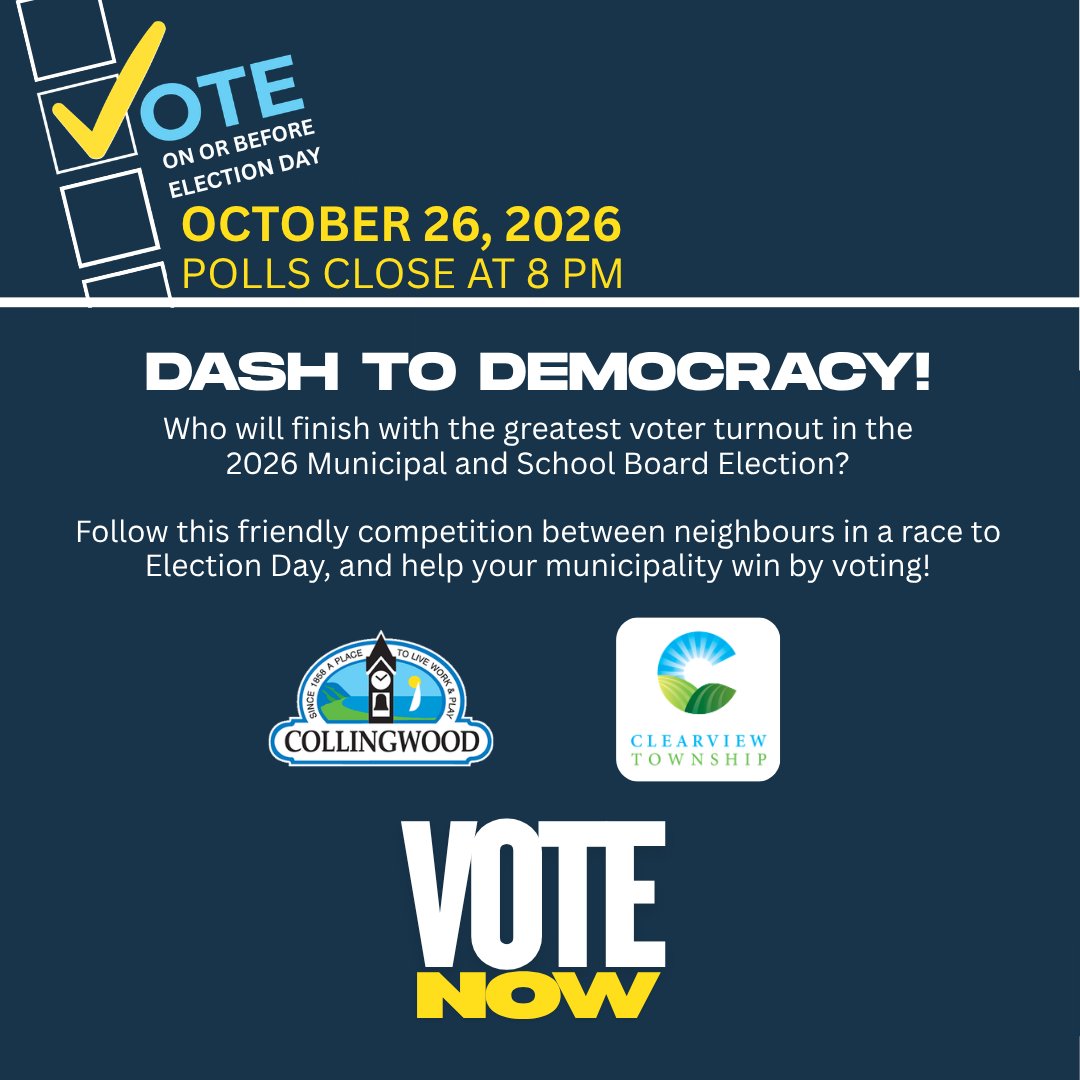 TownCollingwood's tweet photo. 🏁Ready, set…VOTE!
1 week until Election Day &amp; the Democracy Dash is on! We've challenged @Clearview_twp to see who can reach the highest voter turnout by October 26, 2026, at 8pm. Follow our IG story for stats as we race towards Election Day!

🔗Info https://t.co/SdXIjVOc4l https://t.co/Bmm4SquprH