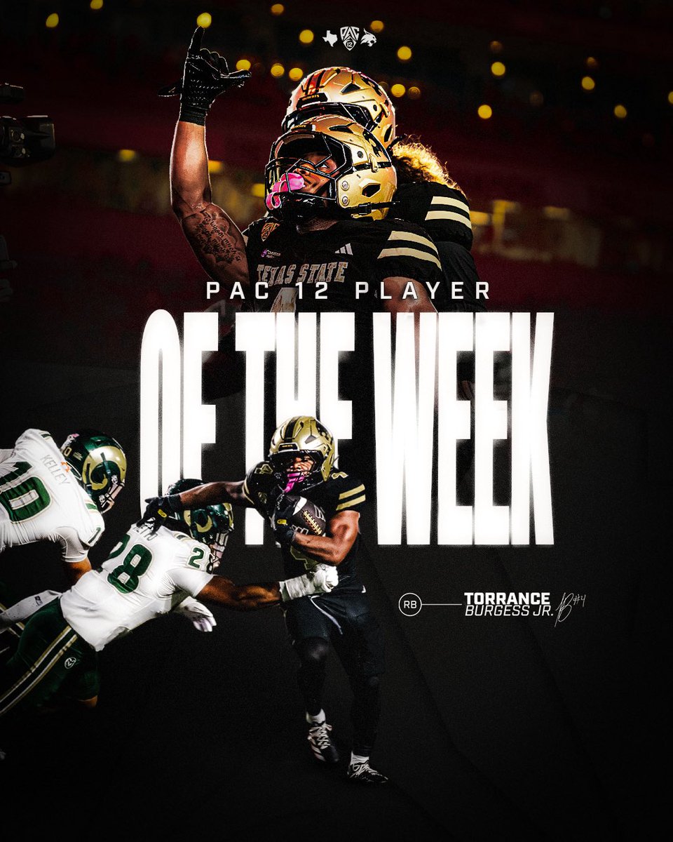TXSTATEFOOTBALL's tweet photo. Let 4 do his thing.

Torrance Burgess Jr. is your Pac-12 Offensive Player of the Week‼️

#EatEmUp https://t.co/Apqtiqpt8I