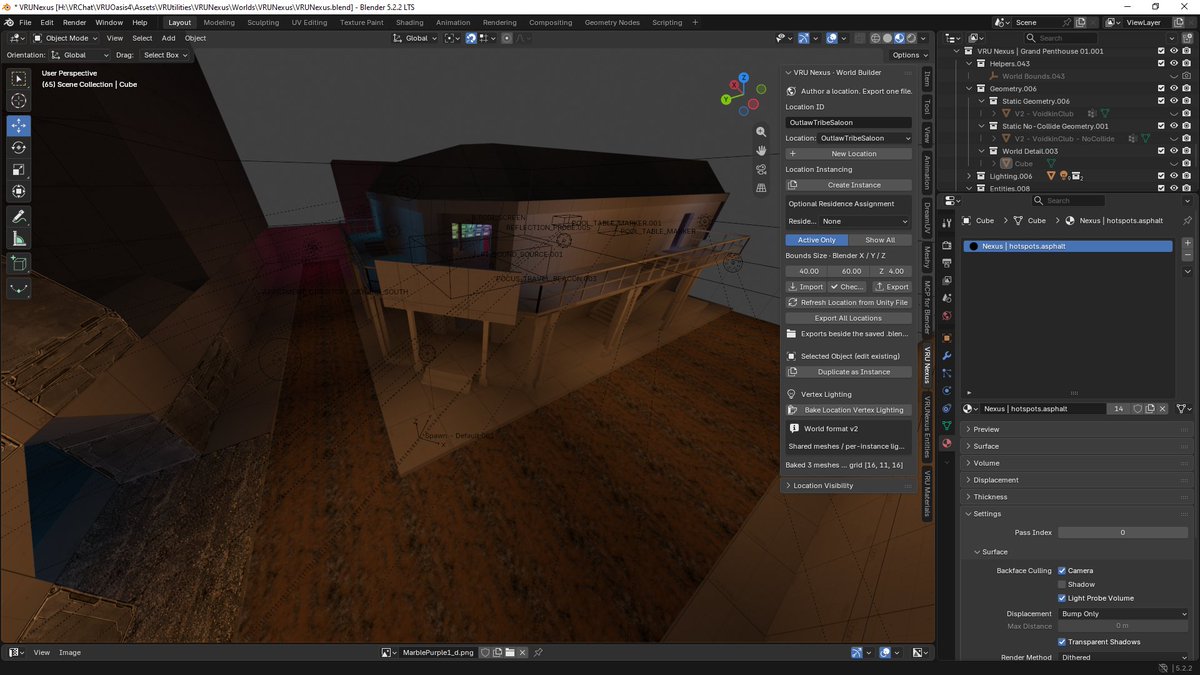 VRUnderground's tweet photo. VRU Nexus Blender plugin live test
Today marks the first time I had a chance to test the VRU Nexus Blender plugin externally. There were some hiccups and things to solve but overall it seems functional!

Anyone can build entire worlds inside of The VRU nexus in #VRChat provided they have this Blender plugin. We got the plugin working and the first thing we did was test a couple things and place a pool table. lol

The plender plugin outputs a text file that can either be baked into the world upload itself or loaded externally.

What does this mean? It means we have a resource now where all of the complex stuff around world creation is baseline and the only thing you have to worry about is making a cool space. We have an extensive list of arcade games and props as well as a double video player setup with fully functional options menu for things like epilepsy mode and quality settings.

It's a sandbox inside of a sandbox! The system makes extensive use of light volumes and LTCGI. Its quest compatible. Moving forward I will probably never go back to building worlds the old fashioned way as its completely unnecessary with a setup like this.

Its not going to stop here, not only is this the foundation of The VRU Nexus, but I plan to provide tools to make world building more user friendly than ever. 

Worlds built for the VRU Nexus are fully compatible with  other platforms such as #NexVR and anything on #BasisVR