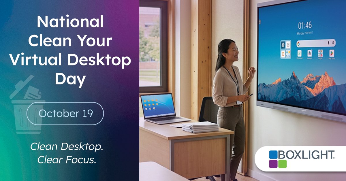 boxlightinc's tweet photo. It's #NationalCleanYourVirtualDesktopDay! 📅 Teachers, how many "lesson_FINAL_v3" files are we talking about? Let's tidy up! 🧹 #CleanYourDesktopDay #TeacherLife https://t.co/yCY00iVwZY