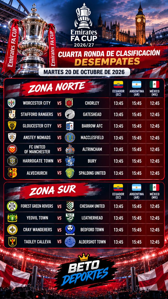 BetoDeportes7's tweet photo. 🏆⚽ ¡LA EMOCIÓN DE LA FA CUP CONTINÚA! 🔥🇬🇧

Este martes 20 de octubre se disputan los partidos de desempate de la cuarta ronda de clasificación de la FA Cup 2026/27.

#FACup #FACup2026 #FutbolIngles #EmiratesFACup #BetoDeportes #FutbolEuropeo #Football https://t.co/pzf7lj0FtD