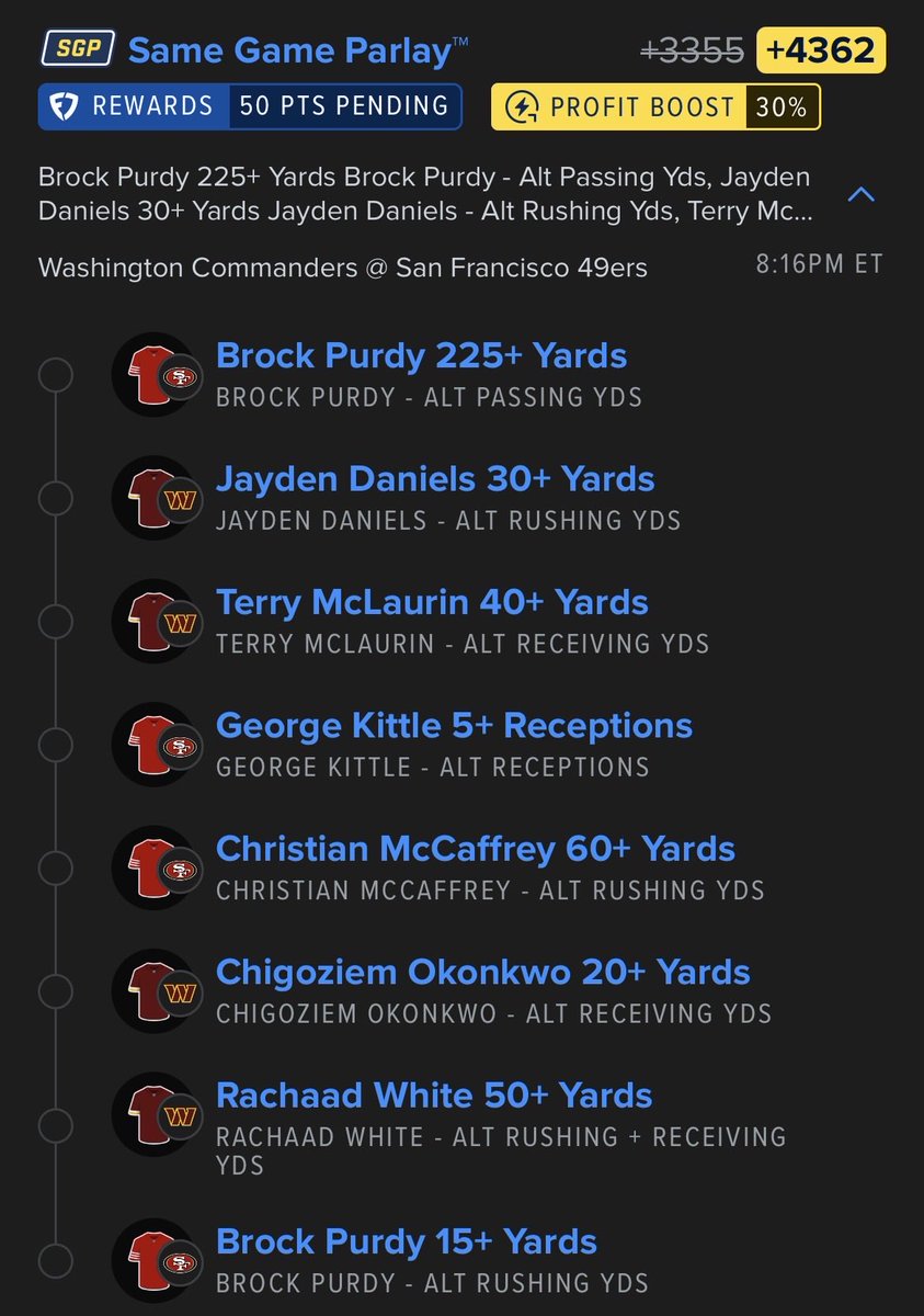 ParlayPags's tweet photo. MNF SGP +4362 w/boost

@Playbook &amp; FanDuel link below

#MNF #MNFonESPN #Gambling𝕏 #NFL #WASvsSF #49ers https://t.co/37Czaj8507