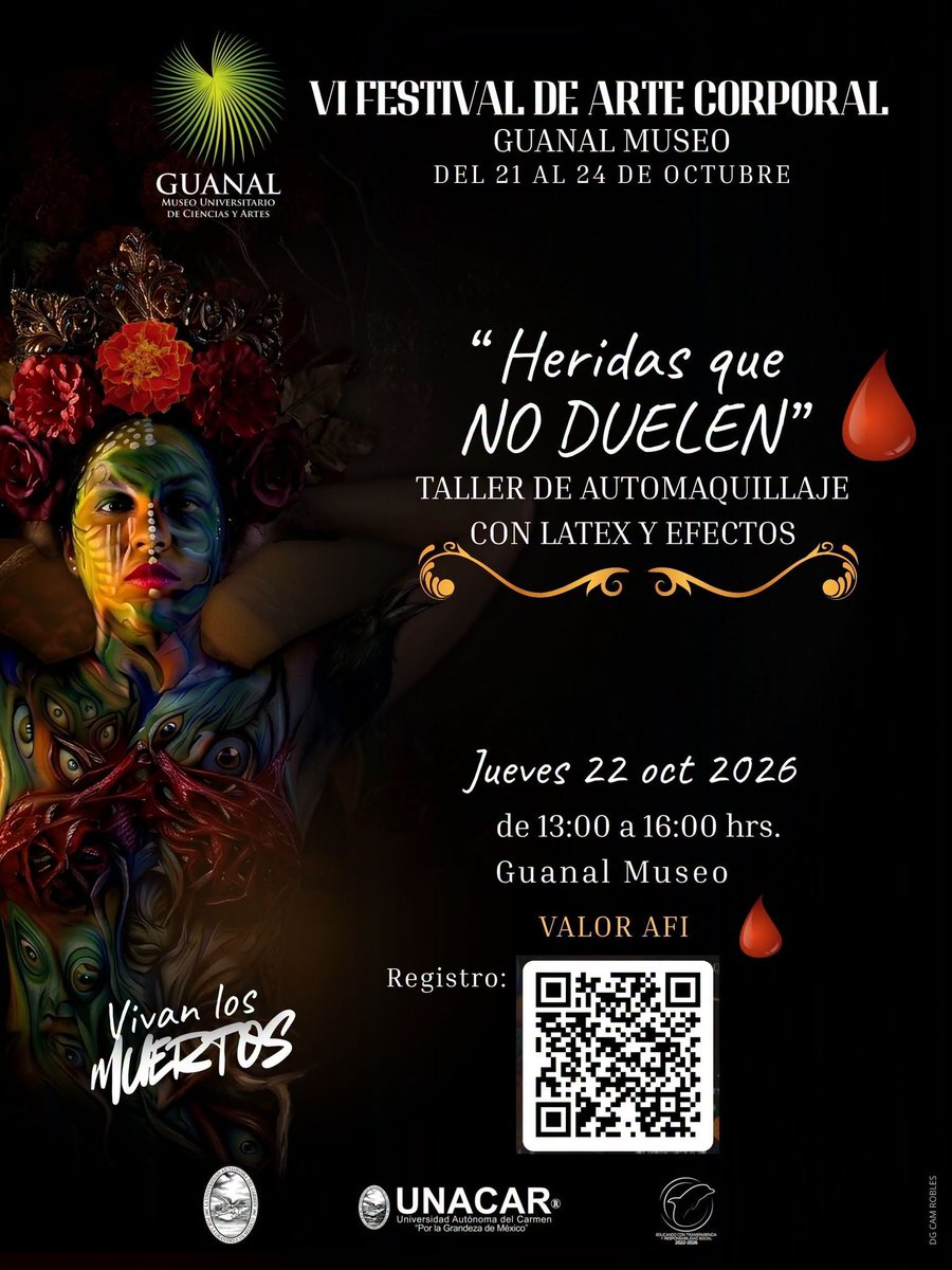 UNACAR's tweet photo. IV #FestivalDeArteCorporal

🩸🎨 ¡Heridas que no duelen! 🎨🩸

Taller de maquillaje con efectos especiales sencillos con látex

¿Te gustaría aprender a crear heridas falsas y sorprendentes efectos especiales sobre la piel? 🧟‍♀️🩹

🩸✨ Un taller creativo donde descubrirás técnicas sencillas de maquillaje con efectos especiales utilizando látex para crear heridas artificiales de aspecto realista. ¡Deja volar tu imaginación y sorprende con tus propias creaciones! 

🗓️ Jueves 22 de octubre, 2026
🕒 13:00-16:00 horas
📍 Guanal Museo Universitario de Ciencias y Artes

🧪 ¿Qué debes traer?
🥤 Vasos de plástico transparente, jabón, toalla facial, toallas húmedas.
🎨 ¡El taller proporciona el maquillaje!
🖌️ Recomendaciones para participar:
🌸 Asiste con el rostro limpio, seco y sin maquillaje.
🌸 Lleva el cabello recogido para facilitar la aplicación.
🌸 Informa al instructor si tienes alergias, piel sensible o alguna irritación.
🌸 Se utilizarán materiales limpios y aplicadores individuales para cuidar la higiene.
🌸 Evita aplicar maquillaje sobre heridas o piel irritada.

🚨 ¡Cupo limitado a 20 personas!

Registro con el QR del cartel o en: https://t.co/hDTWu50EPu