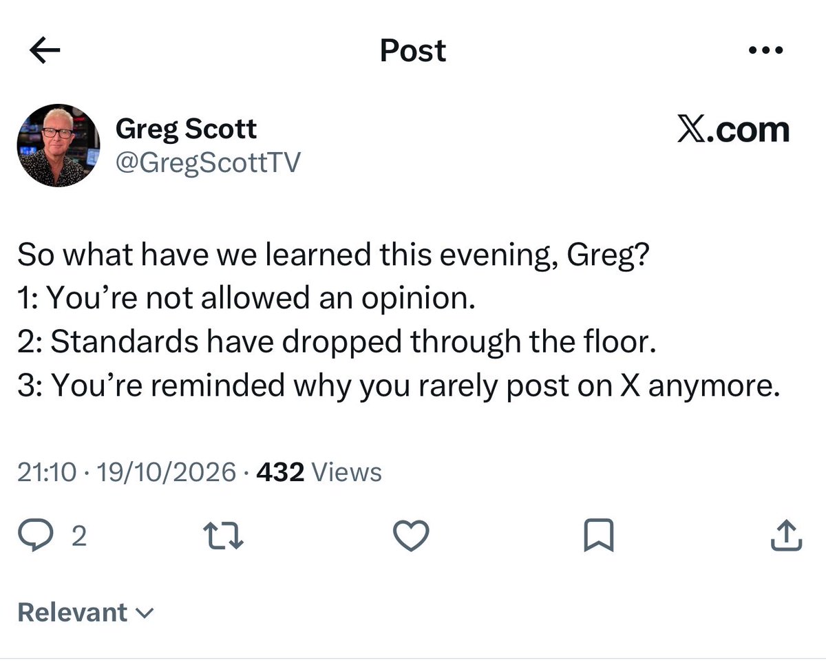 MoffWithYaHead's tweet photo. @GregScottTV I’ve never encountered such a victim in my life. You slagged someone’s appearance off, didn’t get the response you thought you’d get, tweet about how you apparently can’t have an opinion like you’re some sort of victim, delete both tweets and now tweet this?

What is going on… https://t.co/zxFqNK3CzQ
