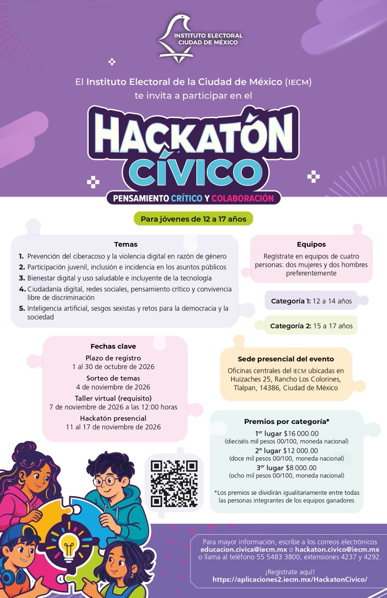 Distrito27IECM's tweet photo. Si tienes entre 12 y 17 años, y te interesa aportar ideas para transformar tu entorno, el #IECM te invita a participar en el Hackatón Cívico, un espacio para desarrollar el pensamiento crítico y la colaboración. 
✍️1 al 30 de octubre de 2026 
¡Participa y pon tus ideas en acción! https://t.co/RE2DnDZNPx