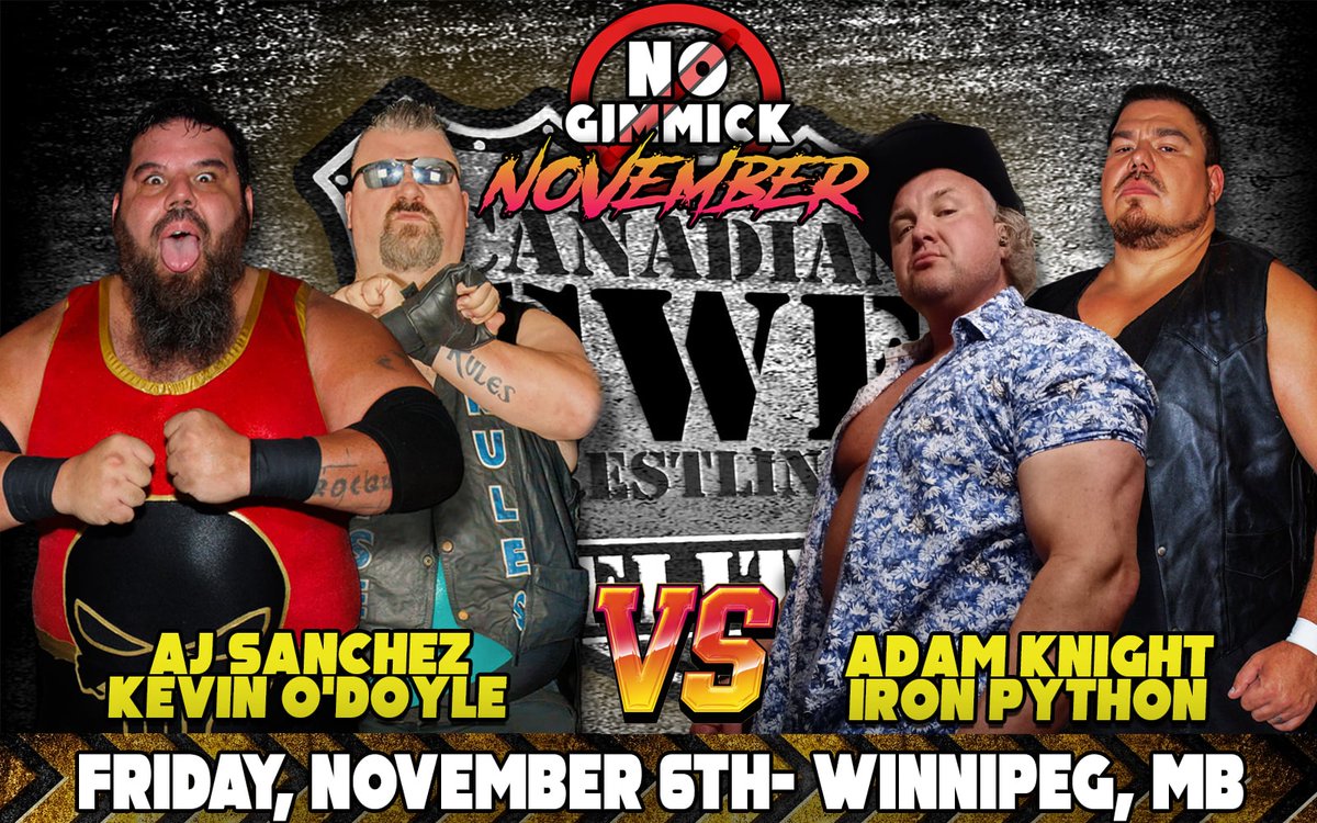 CWECanada's tweet photo. November 6 @CWECanada Winnipeg, Manitoba:

One Half Of The Double Main Event!

@CrusherAj &amp; @KevinODoyle1 vs. @OutlawAK &amp; @FirstRowCollect w/@HotshotDannyD https://t.co/n6QxaN1Vv6