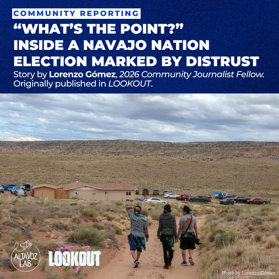 Altavoz_Lab's tweet photo. "What's the Point?" Lorenzo Gomez's story for LookOut explores Diné voters' views on trust, representation, health care, jobs and the future of their communities across the Navajo Nation. 

Funded by Altavoz Lab’s Community Journalist Fellowship:https://t.co/7ryTSGeet5

#Election https://t.co/g4eCFbcUzE
