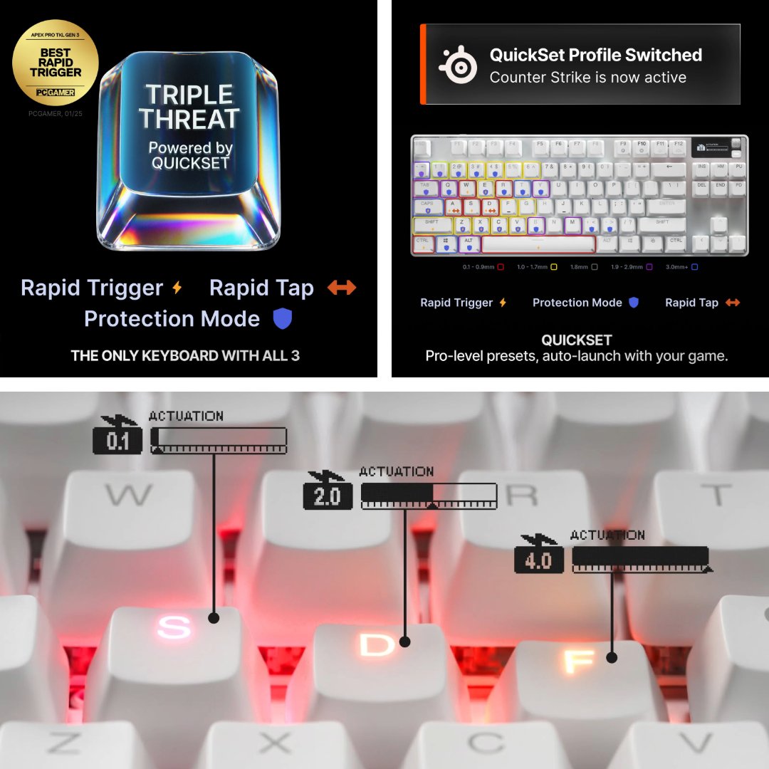 SteelSeries's tweet photo. Apex Pro Gen 3 with Triple Threat Powered by QuickSet

any questions? (no i'm not giving you one for free) https://t.co/jmuNQ0rEmH