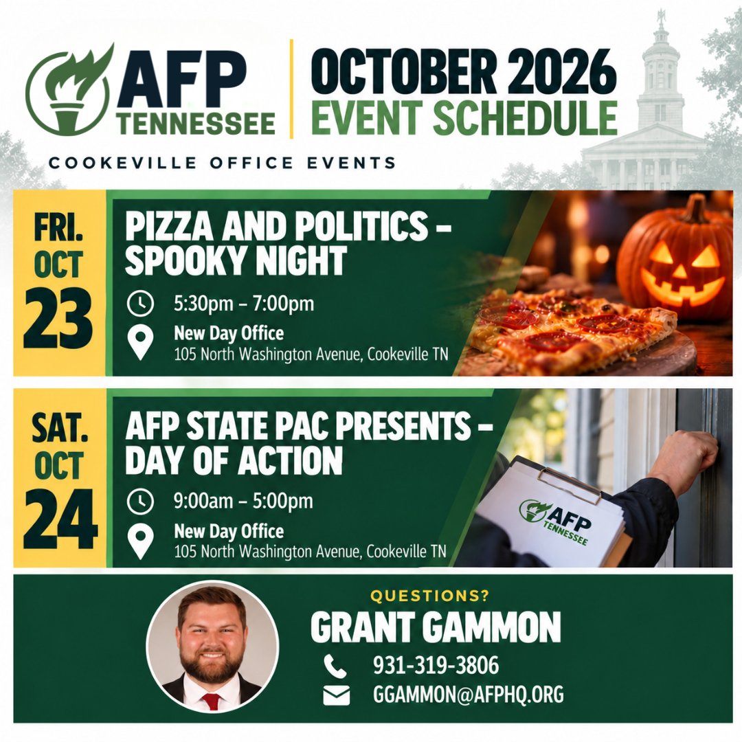 AFPTN's tweet photo. 🎃🍕 COOKEVILLE, WE'VE GOT A BIG WEEKEND COMING UP! 🇺🇸

Good food, great conversations, &amp; a chance to make a difference in Tennessee! Join us &amp; our friends at @AFPStatePAC for TWO events at our Cookeville office this weekend! Reach out to @gammon_grant for details 👇🗽 https://t.co/lErToyrIde