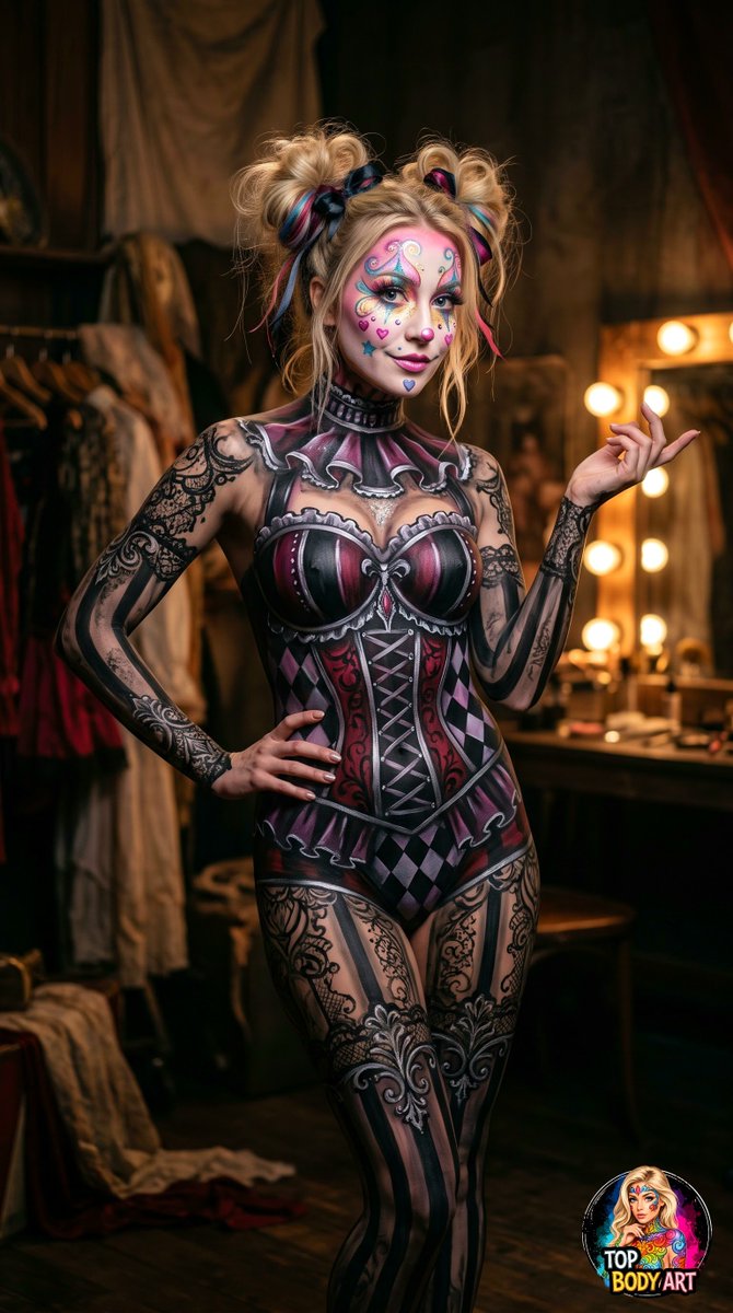 TOPBODYART's tweet photo. Meet Lolly.

She doesn't walk into the circus. She IS the circus.

Born in the back of a wardrobe trailer, raised on kettle corn and stage lights. Third generation Harlequin - her mother taught her how to paint a smile before she could write her name.

This look? Her clussy signature. She calls it "The Midnight Jester."