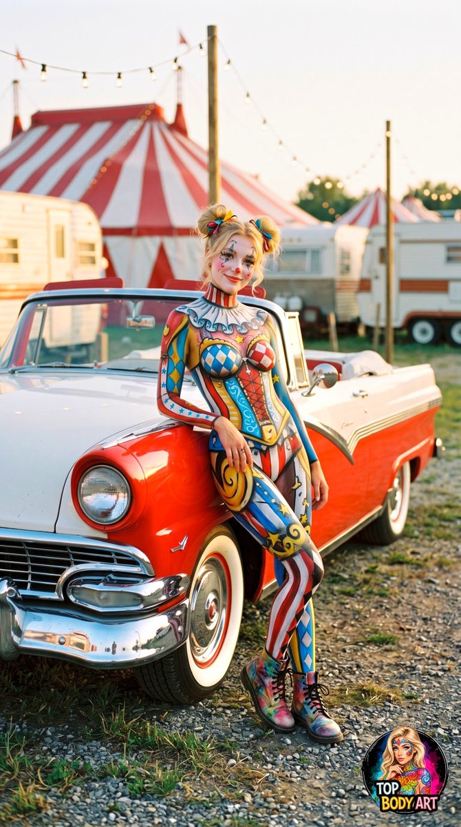 TOPBODYART's tweet photo. Classic Lolly. The Daytime Clown.

She trades the dark velvet for primary colors, steals her dad's '55 Fairlane, and parks it behind the big top to watch the kids leave with cotton candy hands.

She's 24, she never left the circuit, and she says she never will.

"If I ever stopped painting," she told me last week, leaning on that car, "I'd disappear. There's no Lolly under this. This IS Lolly."

100% body paint. 0% costume.

Which Lolly do you believe in? Midnight or Daytime?