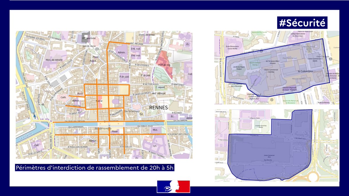 bretagnegouv's tweet photo. #Sécurité | Mesure de restriction des rassemblements à Rennes pour préserver la sécurité et l’ordre public

Plusieurs appels à des actions et à des rassemblements circulent sur les réseaux sociaux pour les prochains jours. Ces rassemblements n’ont pas été déclarés et leurs organisateurs ne sont pas identifiés.

La préfecture rappelle aux organisateurs l’obligation légale de déclarer leurs manifestations. Cette démarche simple permet notamment d’anticiper les besoins en matière de sécurité et de préparer leur encadrement.

Afin de prévenir les violences et les dégradations dans la commune de Rennes, plusieurs mesures entrent en vigueur dès ce lundi :

🚫 Interdiction de rassemblements dans plusieurs secteurs de la commune (voir la carte ci-jointe) de 20 h à 5 h, jusqu'à samedi matin inclus. Les groupes de consommateurs présents sur les terrasses extérieures autorisées, les files d’attente pour accéder aux établissements commerciaux, culturels, sportifs, de restauration, ou aux débits de boissons ne sont pas concernés par cette interdiction.

🚫 Interdiction du port et du transport des objets et équipements suivants dans l'ensemble de la ville :
- les objets dangereux susceptibles d’être utilisés contre les forces de l’ordre : armes par nature ou par destination, liquides inflammables et articles pyrotechniques ;
- les produits susceptibles d’être utilisés pour commettre des dégradations, notamment des tags ;
- les objets susceptibles d’être utilisés pour constituer des barricades : poubelles, palettes, caddies ;
- les équipements de protection destinés à faire échec aux moyens de dispersion des attroupements violents utilisés par les forces de sécurité : masques de plongée, lunettes de piscine, etc.

Une surveillance par drones est également autorisée dans les secteurs identifiés comme présentant des risques.