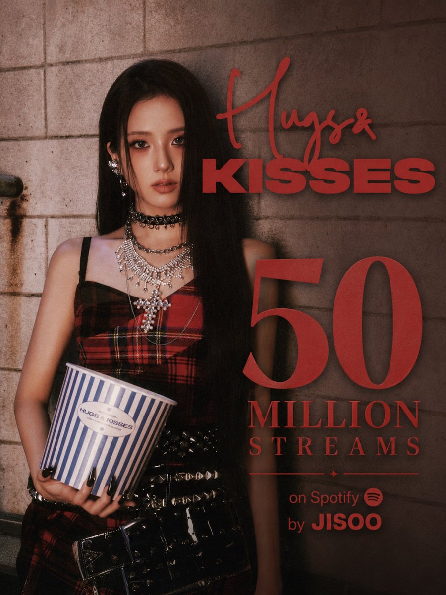 lovelysooyaaa's tweet photo. #HugsandKisses by #JISOO just surpassed 50 million streams on #Spotify! It’s her sixth song to reach this milestone. Let’s continue to stream and support #JISOO and #AMORTAGE! 💜😵 https://t.co/4Em1FisJwD