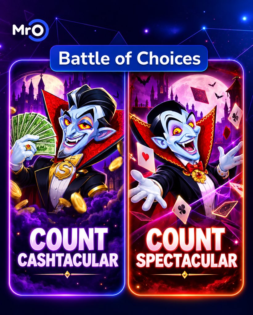 mrogames's tweet photo. 🧛‍♂️ BATTLE OF CHOICES: VAMPIRE EDITION! 🦇💜

Two counts. Two wicked adventures. One tough decision! ⚔️

💸 COUNT CASHTACULAR – He’s got the fangs, the charm, and a serious love for cash!

🩸 COUNT SPECTACULAR – A legendary vampire ready to turn every spin into a spooky spectacle!

🔥 The battle is ON! Which Count gets your vote?

💜 Team Cashtacular or ❤️ Team Spectacular?

👇 Drop your pick in the comments!

#BattleOfChoices #CountCashtacular #CountSpectacular #MrO #SlotGames #HalloweenVibes