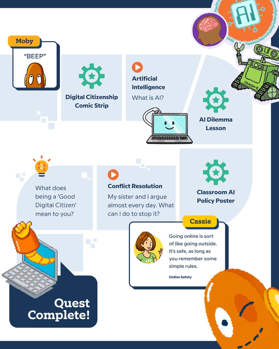 brainpop's tweet photo. Did someone say board game? Follow Tim, Annie, and Cassie in Moby’s Digital Citizenship Quest as they turn tricky online questions into a-ha moments. And you don't need a BrainPOP subscription to play! https://t.co/7cJ7KNE5MA https://t.co/0j3lwdFzQa