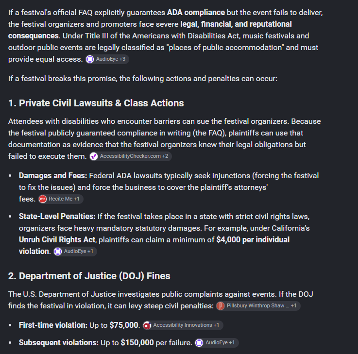 TouringAsiaPop's tweet photo. ABELIST82 FESTIVAL CRISIS
According to the Title III of the Americans With Disabilities Act, if the festival (82WORLD:LA) fails to deliver the accommodations to the attendees after guaranteeing the festival will be ADA compliant according to their FAQ, the company will be indeed face severe legal, financial and reputational consequences as their FAQ is considered "Guaranteed Compliance in Writing."
The Department of Justice can fine the entire organization up to $75,000 and the victims will have the right to sue and use the FAQ as evidence against @hello82PRESENTS and the COO for not delivering the promises on their FAQ.
California can also fine them $4,000 PER individual violation.
https://t.co/92ad5feKk5
#BoycottHello82Now