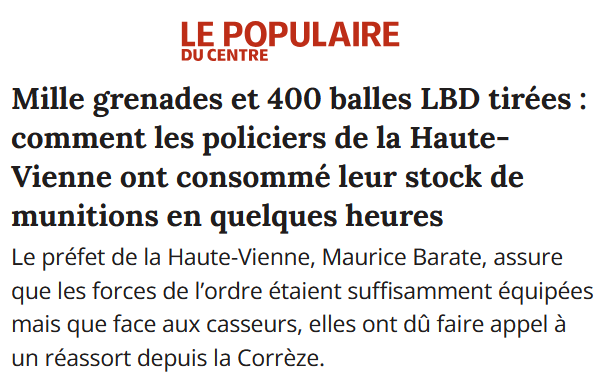 ContreAttaque_'s tweet photo. Pour se rendre compte de la dinguerie de ce qu'on vit.

La police a tiré 1.000 grenades et 400 balles en caoutchouc en quelques heures à LIMOGES. Ville paisible de 120.000 habitants.

Le niveau de répression est fou. Le nombre de munitions tirées en France doit être épouvantable. https://t.co/lXvcWrq7Wr