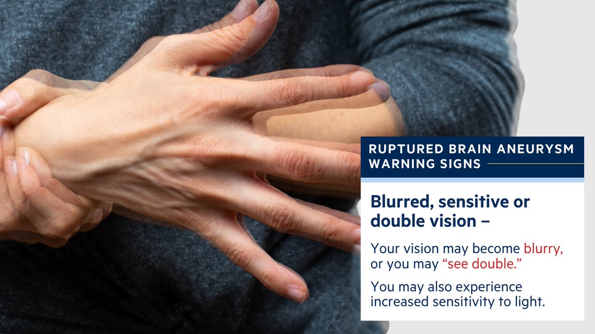BAFOUND's tweet photo. Could you spot the warning signs of a ruptured brain aneurysm? Blurred or double vision, and light sensitivity, can be signs of a rupture. #KnowTheSigns #BrainAneurysmAwareness https://t.co/cPXi5VBcPA