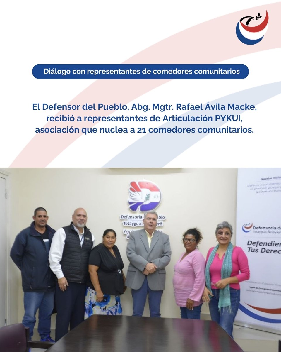 DefensoriaPy's tweet photo. El Defensor del Pueblo, Abg. Rafael Ávila Macke, recibió a representantes de Articulación PYKUI, asociación que nuclea a 21 comedores comunitarios de Asunción, Central y Presidente Hayes.

Durante el encuentro, expusieron las dificultades para sostener la asistencia alimentaria a familias vulnerables.