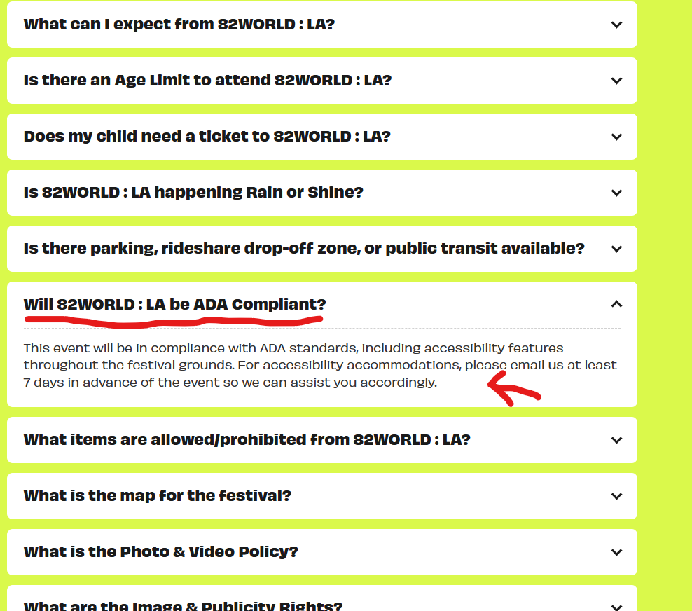 TouringAsiaPop's tweet photo. ABELIST82 FESTIVAL CRISIS
According to the Title III of the Americans With Disabilities Act, if the festival (82WORLD:LA) fails to deliver the accommodations to the attendees after guaranteeing the festival will be ADA compliant according to their FAQ, the company will be indeed face severe legal, financial and reputational consequences as their FAQ is considered "Guaranteed Compliance in Writing."
The Department of Justice can fine the entire organization up to $75,000 and the victims will have the right to sue and use the FAQ as evidence against @hello82PRESENTS and the COO for not delivering the promises on their FAQ.
California can also fine them $4,000 PER individual violation.
https://t.co/92ad5feKk5
#BoycottHello82Now