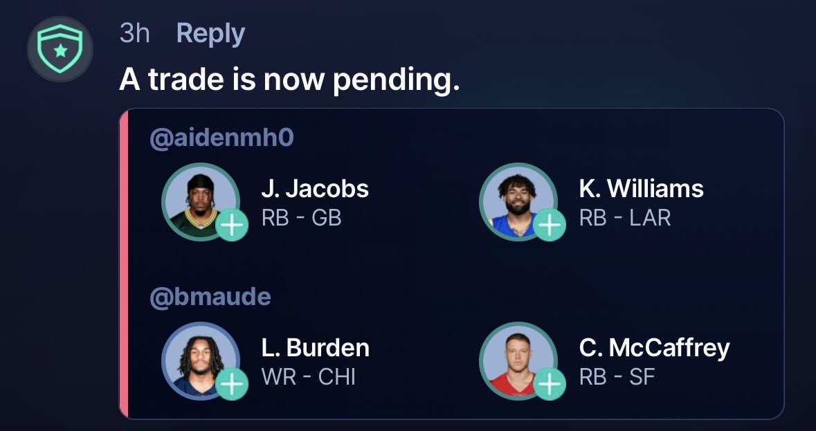 HutchSackedYou's tweet photo. This trade just went through in my fantasy league.

should i veto? https://t.co/YlP25wEOG0