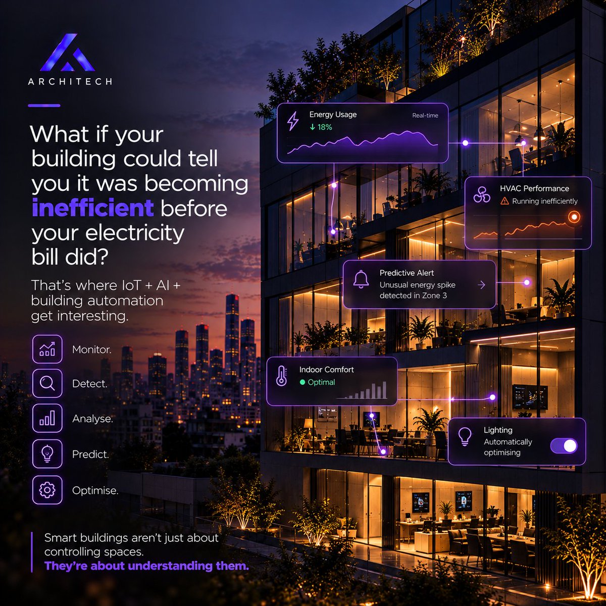 _architechlabs's tweet photo. What if your building could tell you it was becoming inefficient before your electricity bill did?

That's where IoT + AI + building automation get interesting.

Monitor
Detect
Analyse
Predict
Optimise

Smart buildings aren't just about controlling spaces.
They're about understanding them.

#Architech #SmartBuildings #AI #IoT #PropTech #EnergyEfficiency #BuildingAutomation #RealEstateTechnology