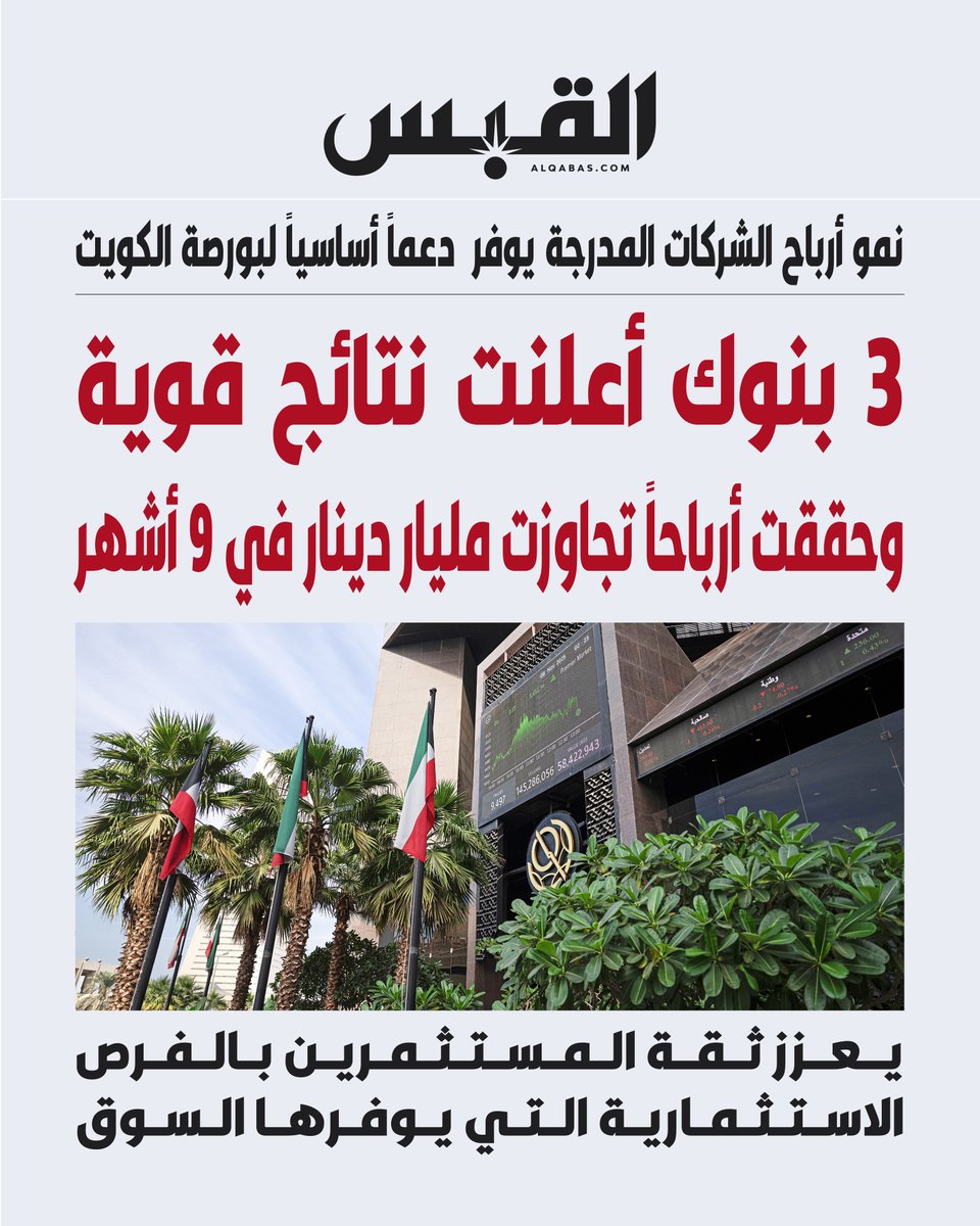 alqabas's tweet photo. 3 بنوك أعلنت نتائج قوية وحققت أرباحاً تجاوزت مليار دينار في 9 أشهر

• نمو أرباح الشركات المدرجة يوفر دعماً أساسياً لبورصة #الكويت

https://t.co/xR82LyScS2 https://t.co/fQu4Xs0uzw